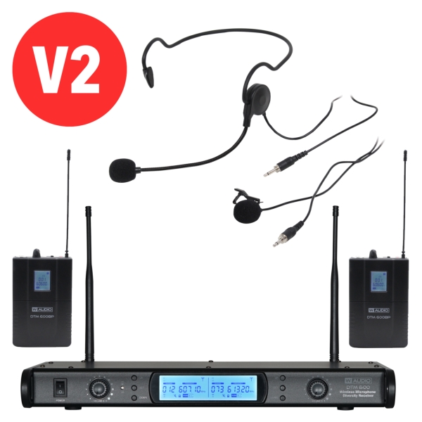 W Audio DTM 600 Dual Body Pack Diversity Radio Microphone System - Channel 38 (V2 Software)