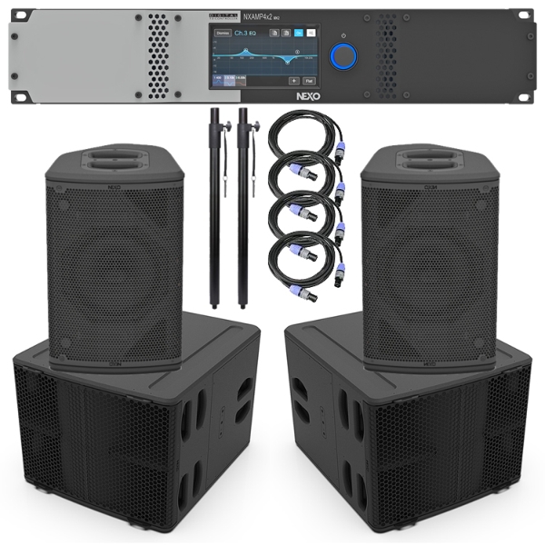 Nexo 2x P+8 Top Boxes, 2x L15 Sub Bass Cabinets, Nexo NXAMP4X2MK2 Controller/Amplifier Inclusive System Package