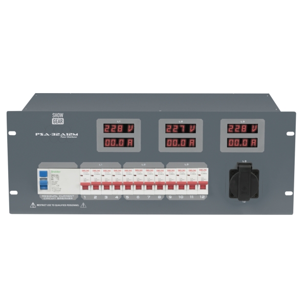 Showgear PSA-32A12M Rack Mount Power Distribution Unit, 32A 3-Phase In, Electroflex / Schuko Out