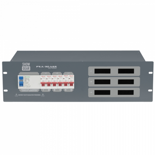 Showgear PSA-32A6S Rack Mount Power Distribution Unit, 32A 3-Phase In, Schuko Out